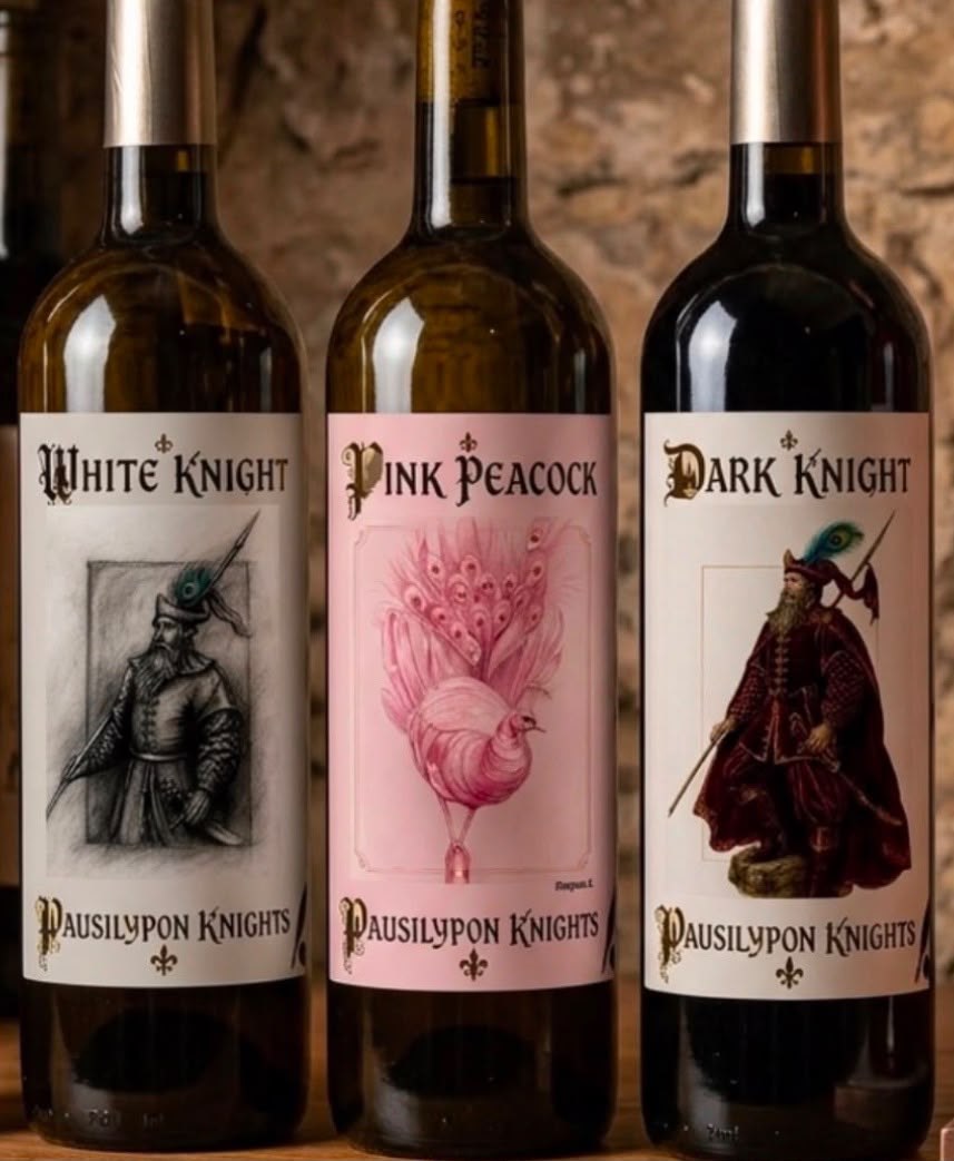 Οι τρεις φιάλες της τριλογίας Pausilypon Knights: White Knight, Pink Peacock και Dark Knight